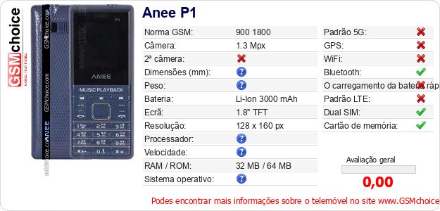 Anee P1 Especificações técnicas do telemóvel Anee P1 Especificações técnicas do telemóvel