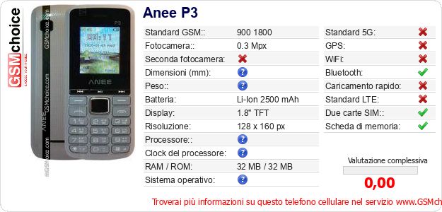 Anee P3 Dati tecnici di telefono cellulare 