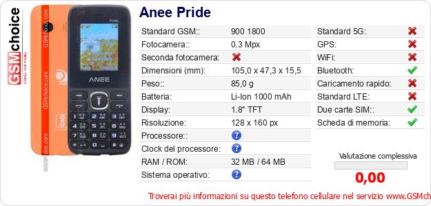 Anee Pride Dati tecnici di telefono cellulare 