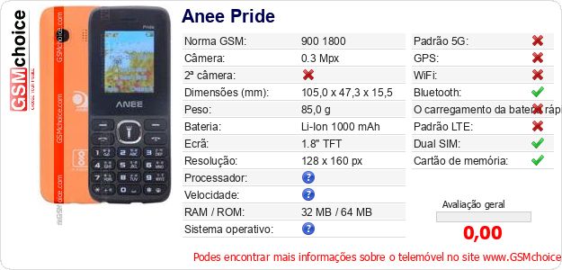 Anee Pride Especificações técnicas do telemóvel 