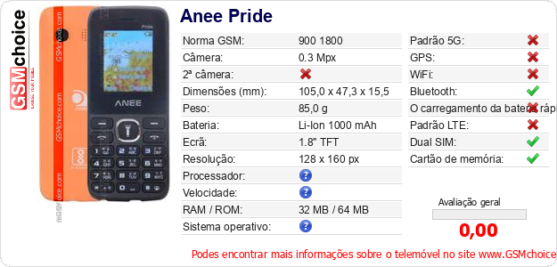 Anee Pride Especificações técnicas do telemóvel 