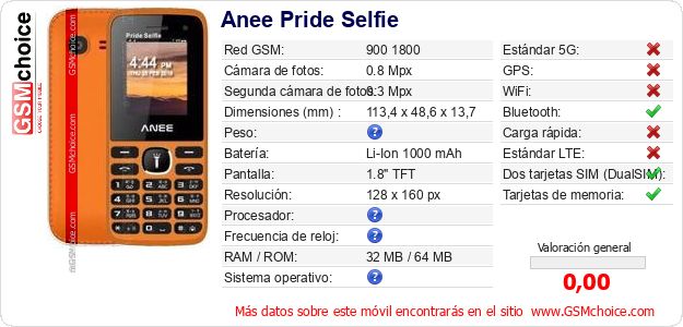 Anee Pride Selfie Datos técnicos del móvil Anee Pride Selfie Datos técnicos del móvil