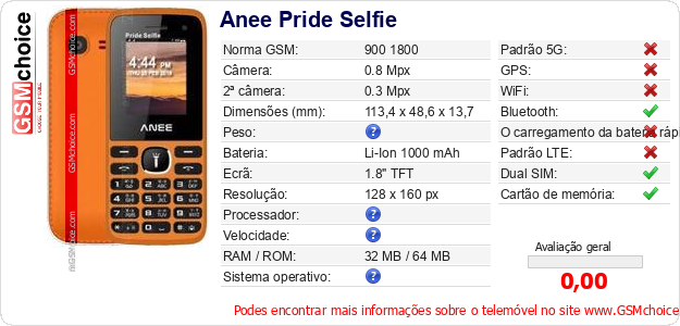 Anee Pride Selfie Especificações técnicas do telemóvel 