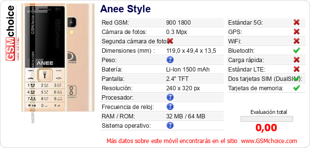 Anee Style Datos técnicos del móvil Anee Style Datos técnicos del móvil