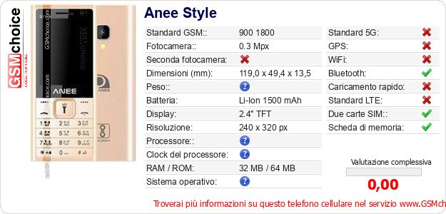 Anee Style Dati tecnici di telefono cellulare 