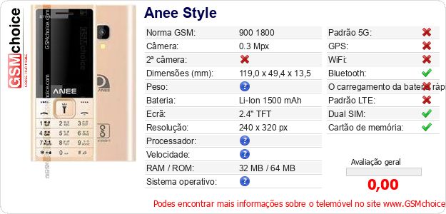 Anee Style Especificações técnicas do telemóvel Anee Style Especificações técnicas do telemóvel