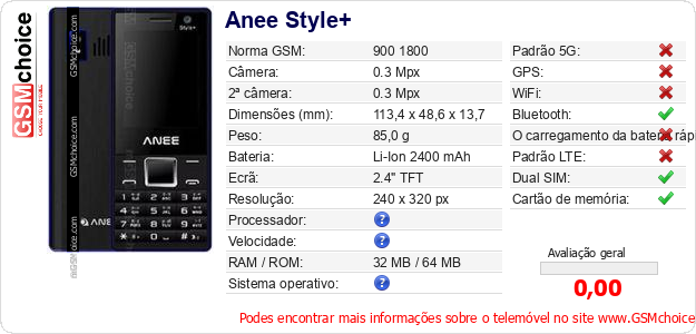 Anee Style+ Especificações técnicas do telemóvel 