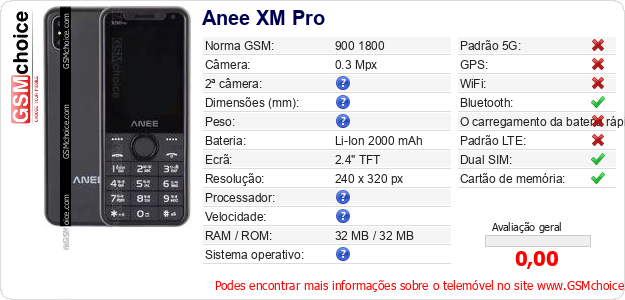 Anee XM Pro Especificações técnicas do telemóvel Anee XM Pro Especificações técnicas do telemóvel