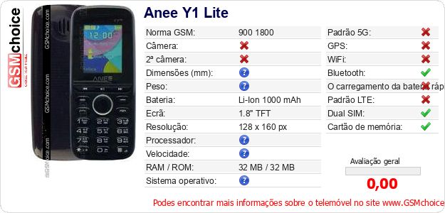 Anee Y1 Lite Especificações técnicas do telemóvel Anee Y1 Lite Especificações técnicas do telemóvel