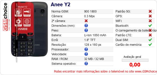 Anee Y2 Especificações técnicas do telemóvel Anee Y2 Especificações técnicas do telemóvel