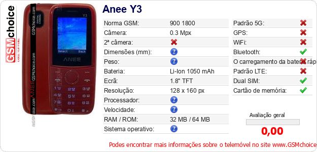 Anee Y3 Especificações técnicas do telemóvel Anee Y3 Especificações técnicas do telemóvel