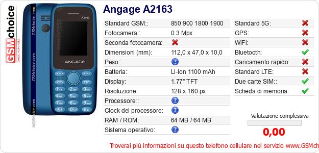 Angage A2163 Dati tecnici di telefono cellulare 