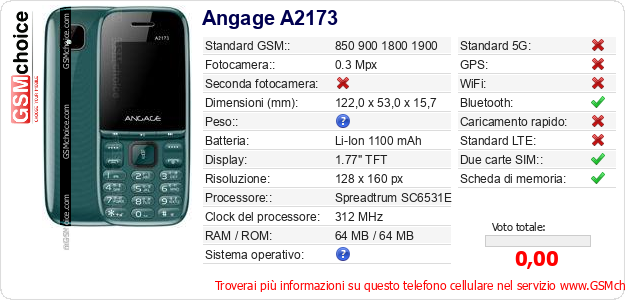 Angage A2173 Dati tecnici di telefono cellulare 