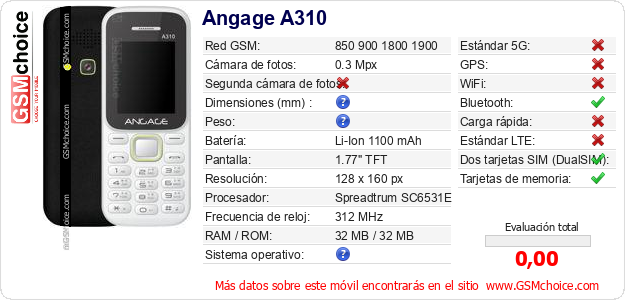 Angage A310 Datos técnicos del móvil 