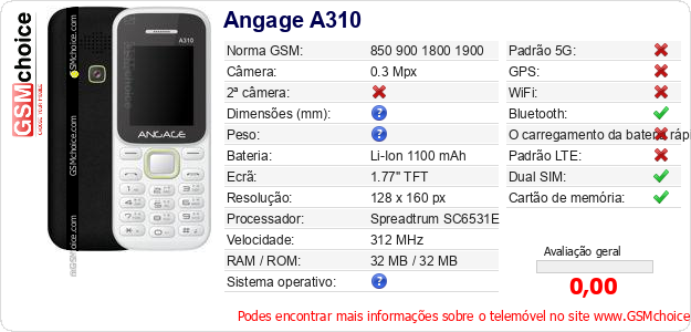 Angage A310 Especificações técnicas do telemóvel 