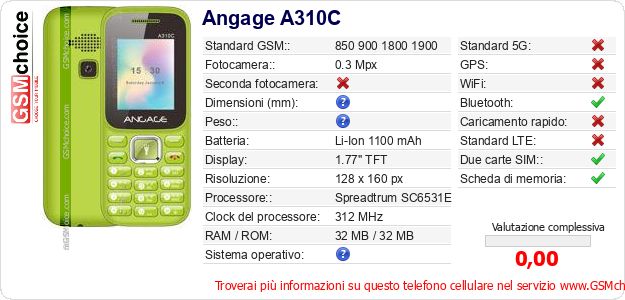 Angage A310C Dati tecnici di telefono cellulare Angage A310C Dati tecnici di telefono cellulare