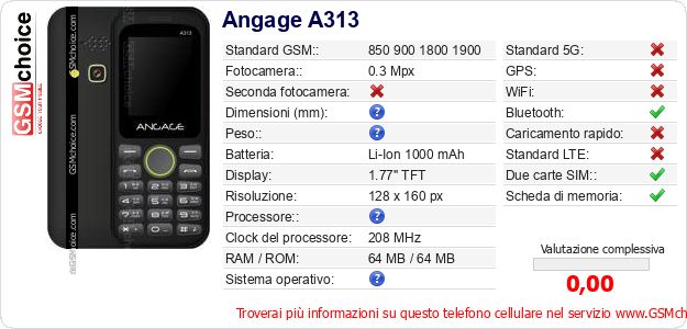 Angage A313 Dati tecnici di telefono cellulare 