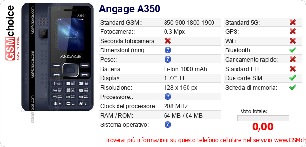 Angage A350 Dati tecnici di telefono cellulare 