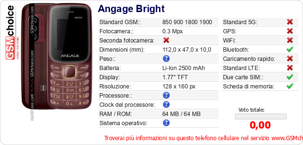 Angage Bright Dati tecnici di telefono cellulare 