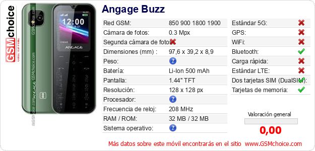 Angage Buzz Datos técnicos del móvil 