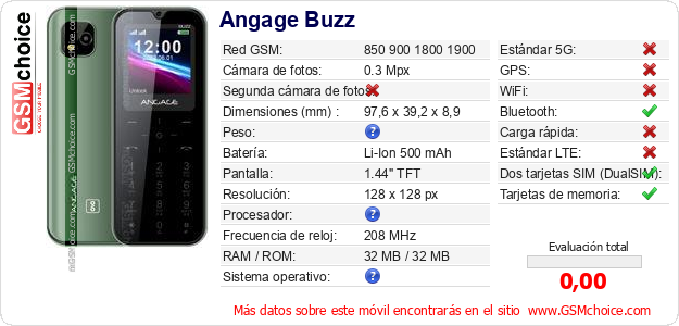 Angage Buzz Datos técnicos del móvil 
