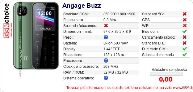 Angage Buzz Dati tecnici di telefono cellulare 