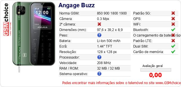 Angage Buzz Especificações técnicas do telemóvel 