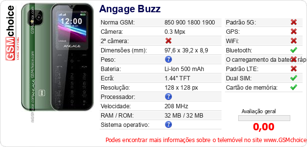 Angage Buzz Especificações técnicas do telemóvel Angage Buzz Especificações técnicas do telemóvel