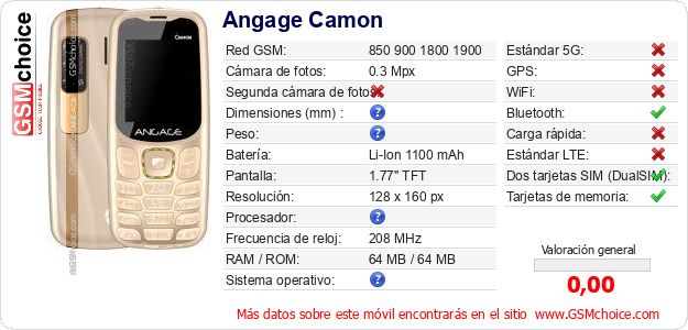 Angage Camon Datos técnicos del móvil Angage Camon Datos técnicos del móvil