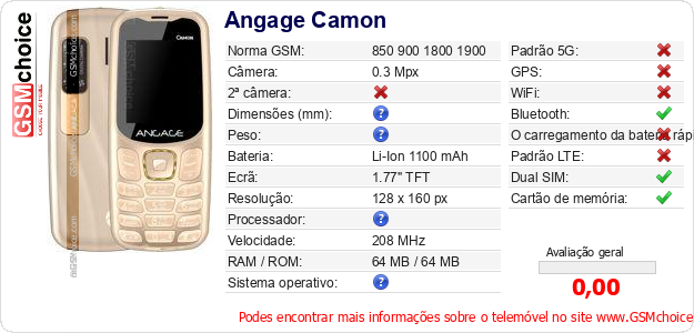 Angage Camon Especificações técnicas do telemóvel 