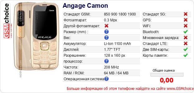Angage Camon Технические данные телефона Angage Camon Технические данные телефона