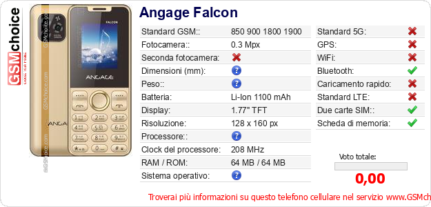 Angage Falcon Dati tecnici di telefono cellulare 