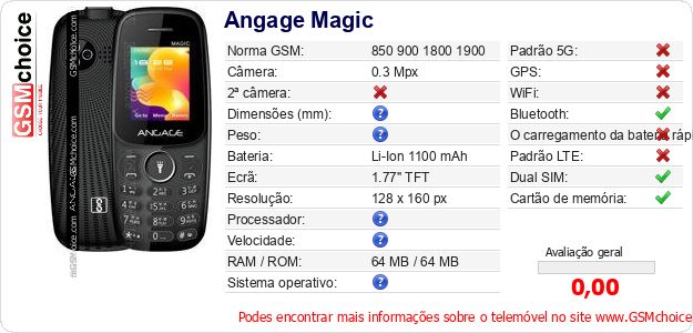 Angage Magic Especificações técnicas do telemóvel Angage Magic Especificações técnicas do telemóvel