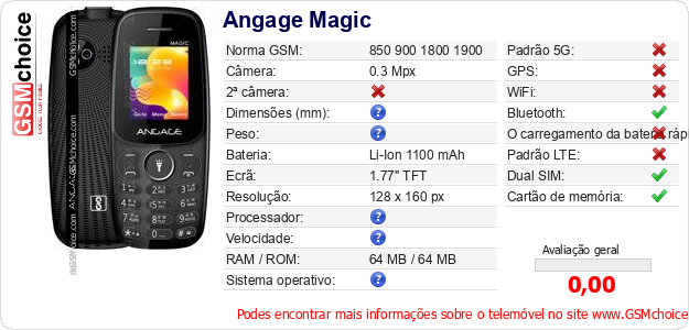 Angage Magic Especificações técnicas do telemóvel 