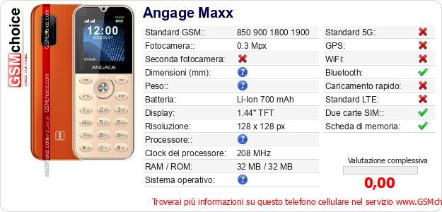 Angage Maxx Dati tecnici di telefono cellulare Angage Maxx Dati tecnici di telefono cellulare