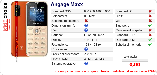 Angage Maxx Dati tecnici di telefono cellulare 