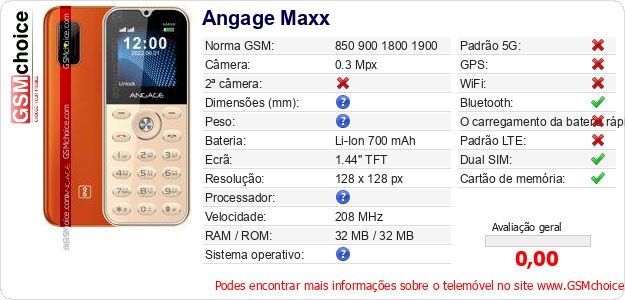 Angage Maxx Especificações técnicas do telemóvel Angage Maxx Especificações técnicas do telemóvel
