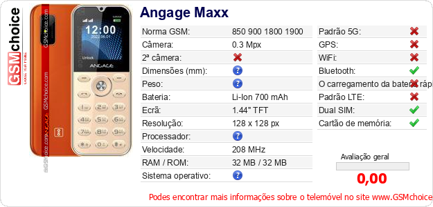 Angage Maxx Especificações técnicas do telemóvel 