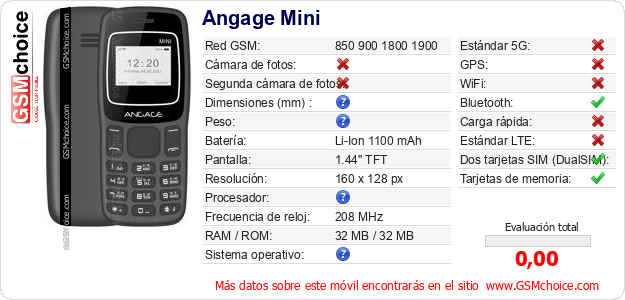 Angage Mini Datos técnicos del móvil 