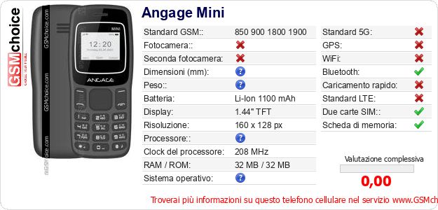 Angage Mini Dati tecnici di telefono cellulare 