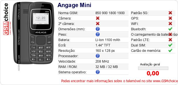 Angage Mini Especificações técnicas do telemóvel 