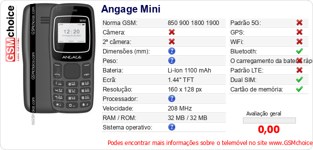 Angage Mini Especificações técnicas do telemóvel 