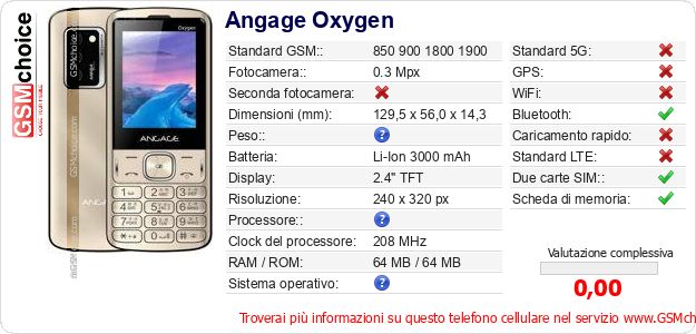 Angage Oxygen Dati tecnici di telefono cellulare Angage Oxygen Dati tecnici di telefono cellulare