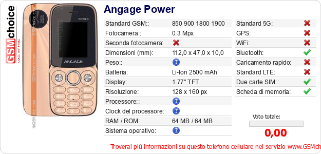 Angage Power Dati tecnici di telefono cellulare Angage Power Dati tecnici di telefono cellulare