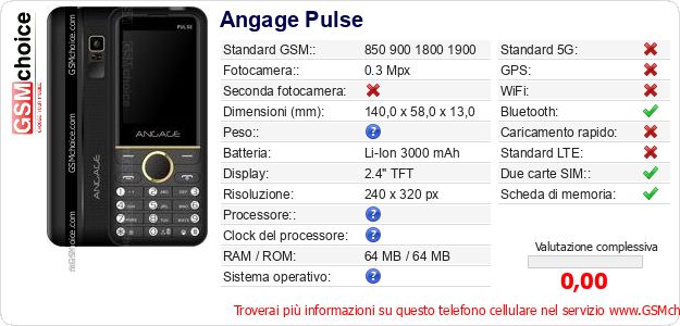 Angage Pulse Dati tecnici di telefono cellulare Angage Pulse Dati tecnici di telefono cellulare