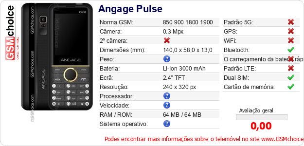 Angage Pulse Especificações técnicas do telemóvel Angage Pulse Especificações técnicas do telemóvel