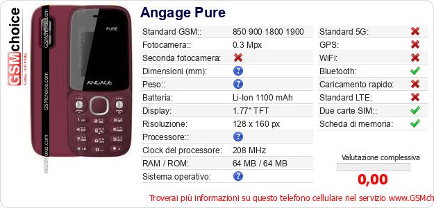Angage Pure Dati tecnici di telefono cellulare Angage Pure Dati tecnici di telefono cellulare