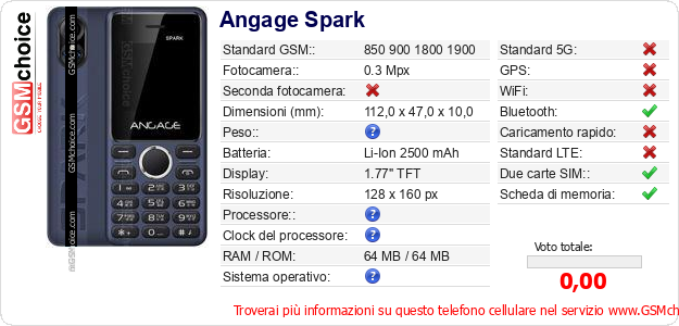 Angage Spark Dati tecnici di telefono cellulare Angage Spark Dati tecnici di telefono cellulare