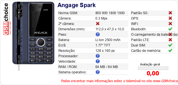 Angage Spark Especificações técnicas do telemóvel 