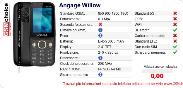Angage Willow Dati tecnici di telefono cellulare 